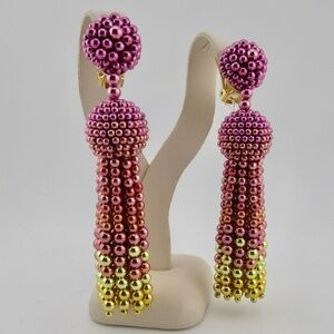 New w Tag OSCAR de la RENTA $340 Metallic Beads Long Dangle EARRINGS 3.5"